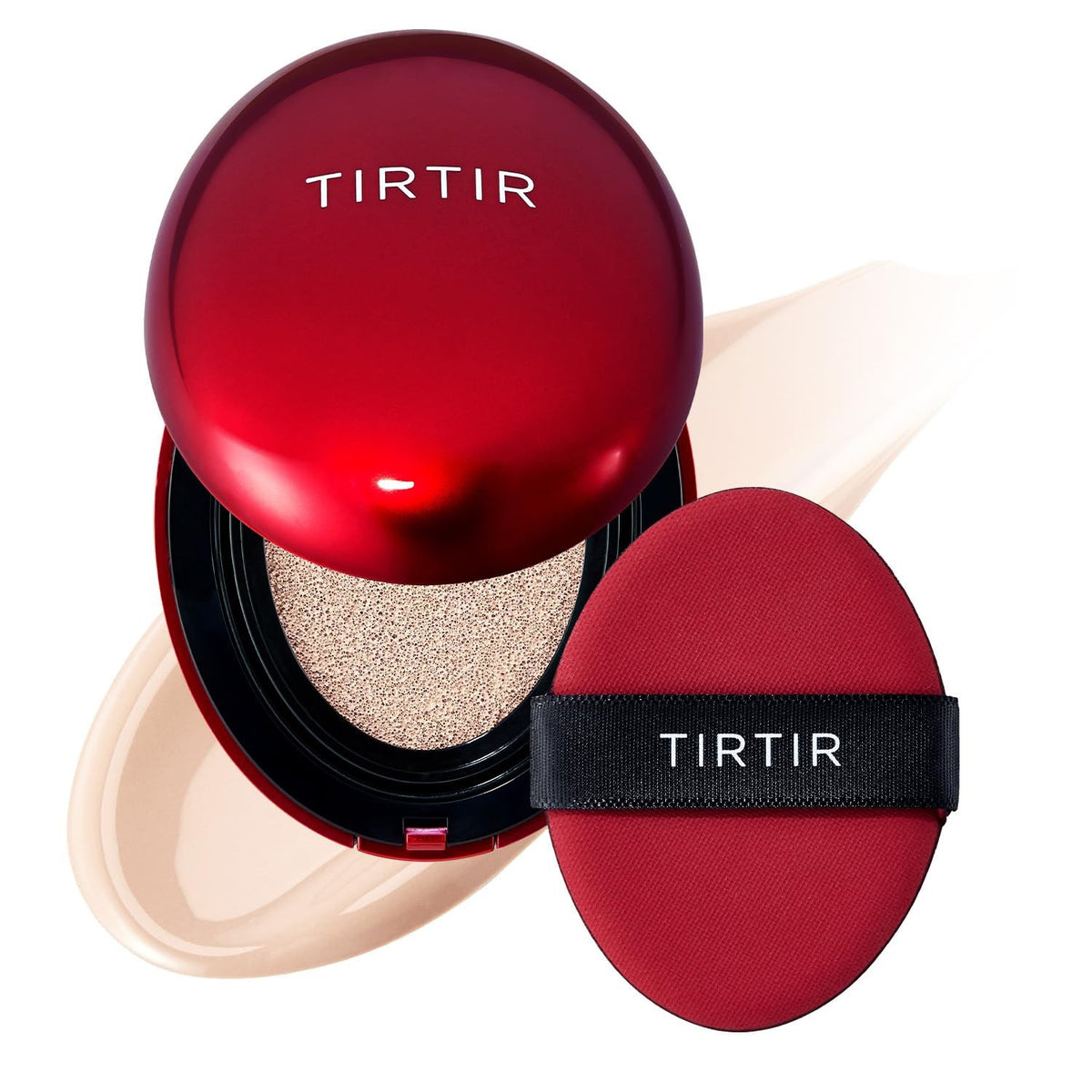 A red background displays instructions for using the TIRTIR - MASK FIT RED CUSHION FOUNDATION IN PORCELAIN, MINI from KOSMIC KBEAUTY SKINCARE, featuring the compact, an applicator puff, and three usage steps written in white text.