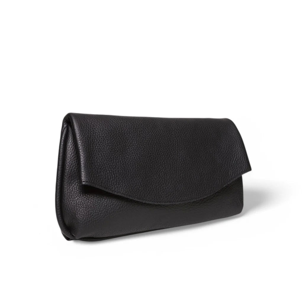 OLIVEVE Valentina Clutch in black Italian buffalo cowhide, a pebbled leather bag with a rounded fold-over flap.