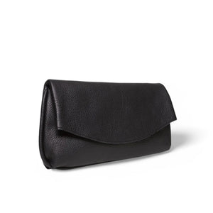 OLIVEVE Valentina Clutch in black Italian buffalo cowhide, a pebbled leather bag with a rounded fold-over flap.