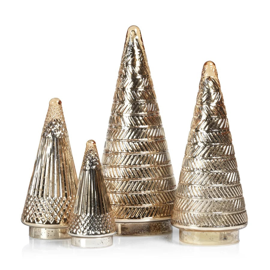 Large Zodax Siberian Antique Glass LED tree in gold, featuring a conical shape with a metallic finish and diagonal embossed texture.