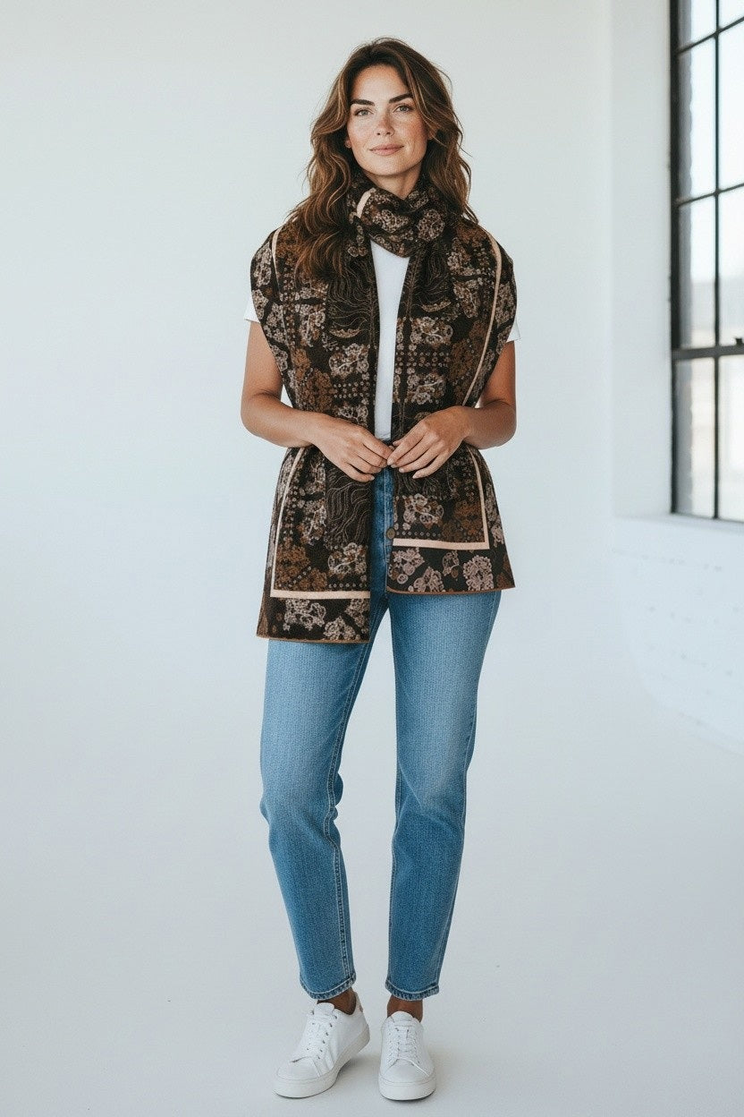 A woman stands indoors in front of a large window within a bright, minimalist room. She is wearing a white t-shirt, blue jeans, white sneakers, and the FRANCO FERRARI - CALVIN WOOL SCARF 135X195 by FRANCO FERRARI, which features a stylish brown pattern. Her long wavy hair complements her relaxed pose.