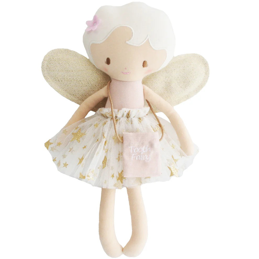 The ALIMROSE - TILLY THE TOOTHFAIRY DOLL by ALIMROSE features a soft fabric design, adorned as a tooth fairy with golden wings. She wears a pink top and a white tutu decorated with golden stars. The doll has white hair accessorized with a small pink flower and holds a tiny pouch labeled "Tooth Fairy.