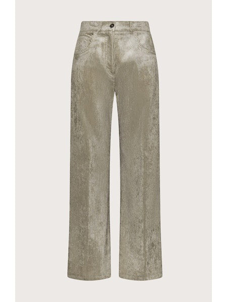 SEVENTY VENEZIA - CORDUROY TROUSER by SEVENTY: high-waisted, wide-leg light olive green corduroy trousers with front button and zip closure, side pockets, made in Italy, shown on a plain light background.