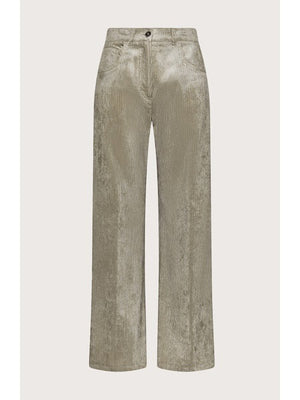 SEVENTY VENEZIA - CORDUROY TROUSER by SEVENTY: high-waisted, wide-leg light olive green corduroy trousers with front button and zip closure, side pockets, made in Italy, shown on a plain light background.