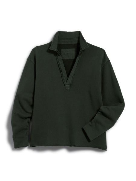 The FRANK &amp; EILEEN Patrick Popover Henley in triple fleece dark green features long sleeves, a relaxed fit, and a wide open V-neck collar. Made from 100% cotton, it's shown laid flat on a white background.