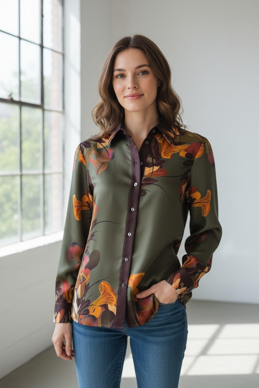 A woman stands barefoot in a sunlit room, her hands casually in her pockets. She wears the FRANCO FERRARI - SILK BLOUSE IN OLIVE, featuring a botanical print, paired with solid olive pajama pants. Behind her, a large window fills the space with natural light.