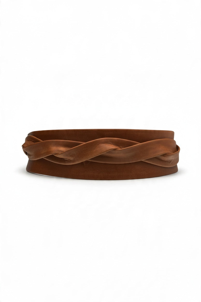 Instructional graphic showing step-by-step methods for tying an ADA - LEATHER WRAP BELT IN WHISKEY into rosette, mens, cross, ocho, and bow knots.