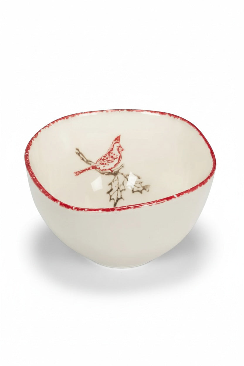CARDINAL STAMP DEEP BOWL in white stoneware, featuring a red cardinal illustration on a holly branch and a hand-painted red rim.