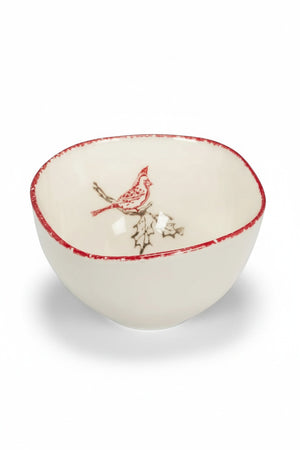 CARDINAL STAMP DEEP BOWL in white stoneware, featuring a red cardinal illustration on a holly branch and a hand-painted red rim.