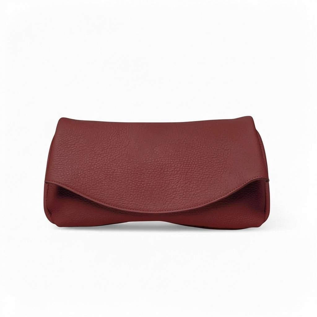 OLIVEVE Valentina Clutch in Barolo Italian buffalo cowhide, a dark red clutch featuring a curved fold-over flap.