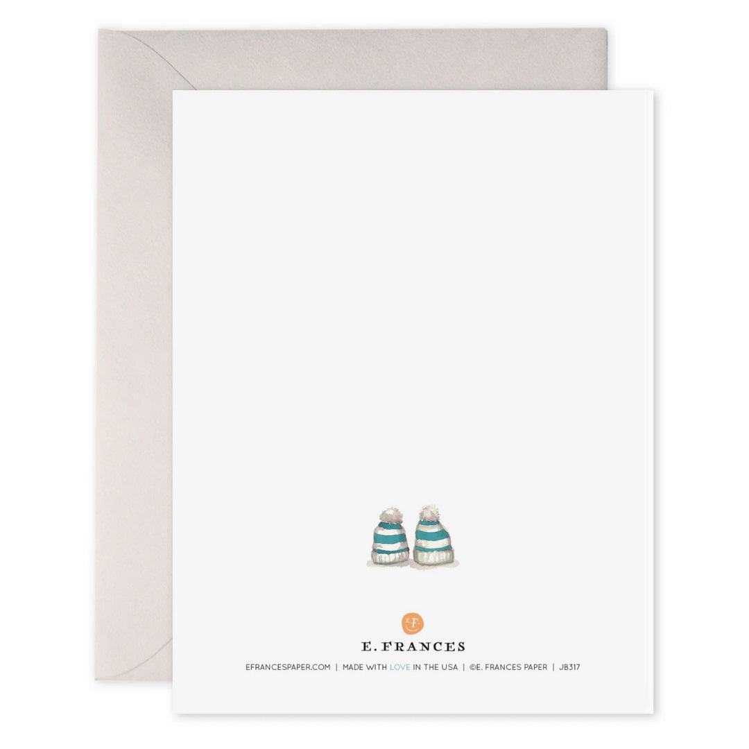 The E. FRANCES PAPER - MATE FOR LIFE card features two illustrated penguins holding flippers and wearing scarves with “mate for life” above them. Printed on heavyweight paper, it includes a light gray envelope from E. FRANCES PAPER.