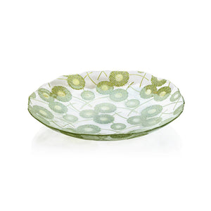 The ZODAX DANDELION LUSTER GLASS SERVING BOWL features a clear glass design adorned with delicate green dandelion-like flowers and slender stems, evenly spread across its surface and shown against a white background.