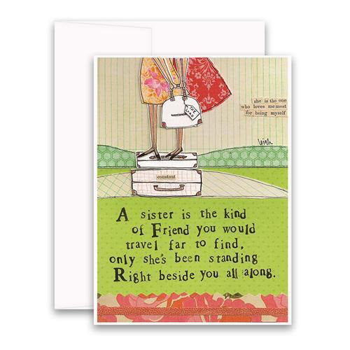 The CURLY GIRL DESIGNS - SISTER CARD by CURLY GIRL DESIGN, INC features a vibrant design of a person standing on two suitcases with the heartfelt message: "A sister is the kind of friend you would travel far to find, only she's been standing right beside you all along." The card is decorated with bright colors and a floral pattern at the bottom, perfectly capturing how much your sister means to you.