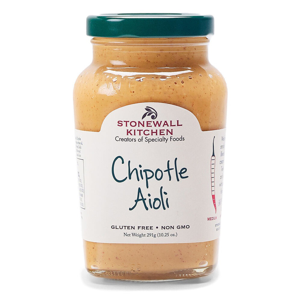 The STONEWALL KITCHEN - CHIPOTLE AIOLI comes in a glass jar with a green lid, promising a Tex-Mex kick. The label highlights "Creators of Specialty Foods," "Gluten Free," and "Non-GMO." A thermometer icon on the right indicates medium spiciness, adding just the right smoky flavor. Net weight: 10.25 oz (291 g).