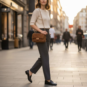 The VICARIO CINQUE Brescia Bag in brown by VICARIO CINQUE showcases a soft, curly bouclé texture with a modern rectangular gold clasp on the front, embodying Italian-inspired chic style and contemporary elegance.