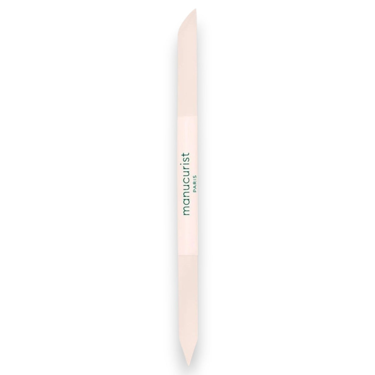 A light pink, double-ended MANUCURIST - GLASS CUTICLE PUSHER with “manucurist PARIS” printed in green at the center, displayed on a white background—an essential reusable nail tool from MANUCURIST INC for any manicure routine.