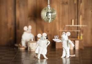 A WINTER MOUSE WITH WINE ORNAMENT by ABBOTT, featuring a felt mouse in a white dress holding a wine bottle in one arm and an empty wine glass in the other.