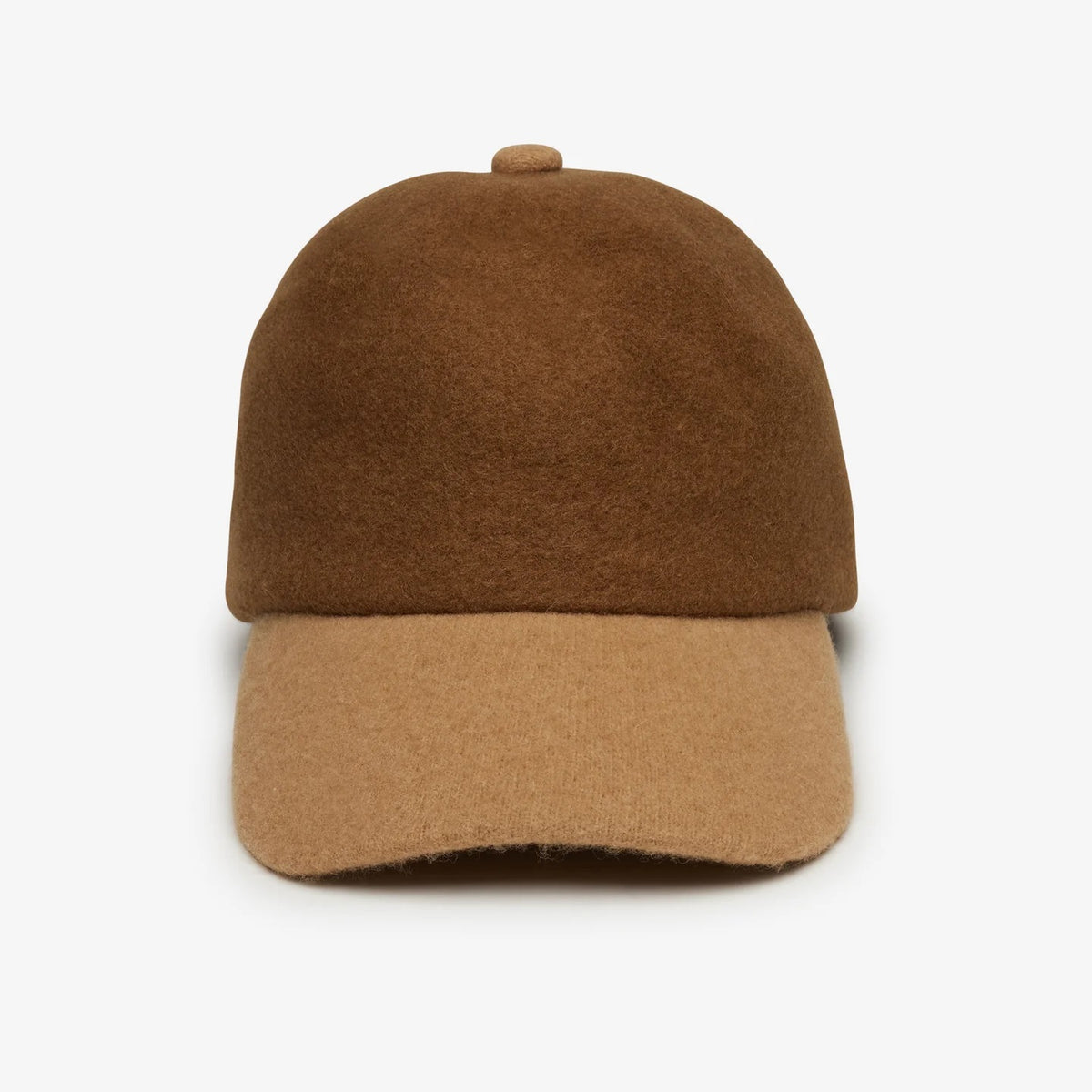 WYETH - BRADY BASEBALL CAP IN CINNAMON, a two-toned wool baseball cap with a dark brown crown and a lighter tan brim.