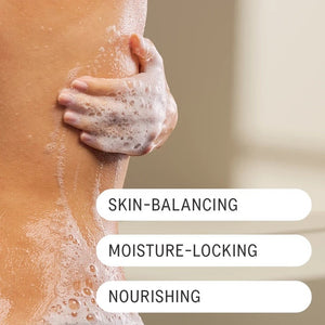 A list of skincare ingredients and benefits: Calendula oil calms and soothes, prebiulin prebiotics balance the microbiome, apricot kernel oil hydrates and softens, and vitamin E nourishes and protects. AKT LONDON’s BODY WASH CONCENTRATE THE ONSEN features this microbiome-friendly formula in a luxurious prebiotic shower gel—illustrated with gel bubbles on the right.