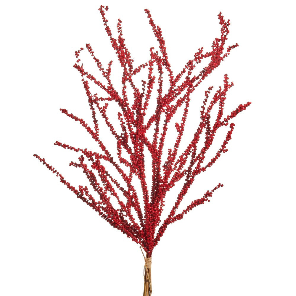 The RED BERRY BUNDLE by RAZ IMPORTS is a 34&quot; L arrangement featuring small, round red berries clustered on thin, upright stems, finished with a natural-colored tie at the base and a vibrant PAINT coating.