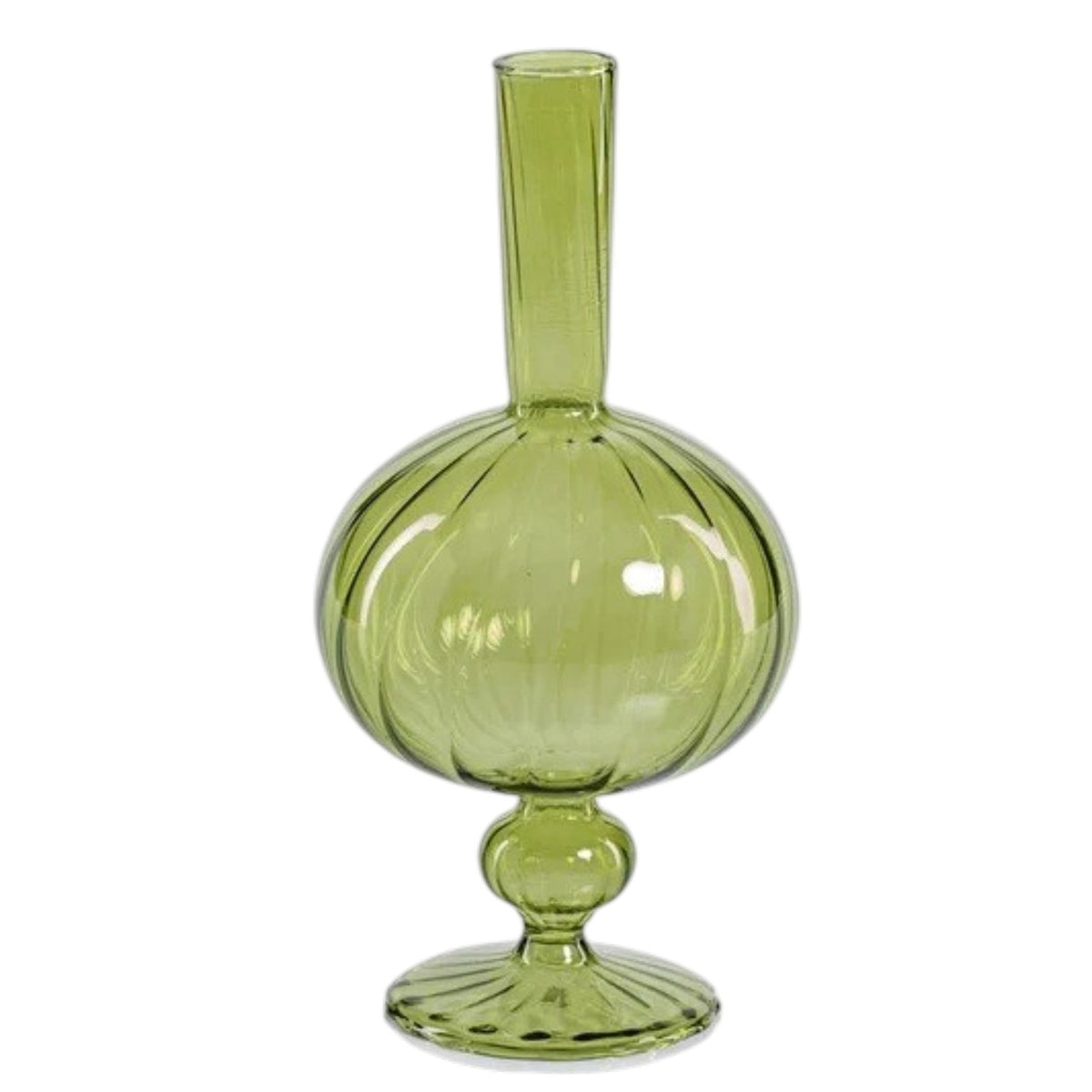 Five green glass vases of assorted shapes—including the striking ZODAX VENETIAN SPIRAL VASE IN GREEN ONION SHAPE, 9”—are arranged on a reflective tray, with two vases displaying decorative red berry branches. A softly blurred neutral background completes the scene.