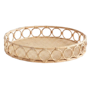 The NAPA HOME AND GARDEN Ninette Round Rattan Tray, Large, features a woven base and open circular sides—an ideal boho accent for lovers of natural rattan decor.
