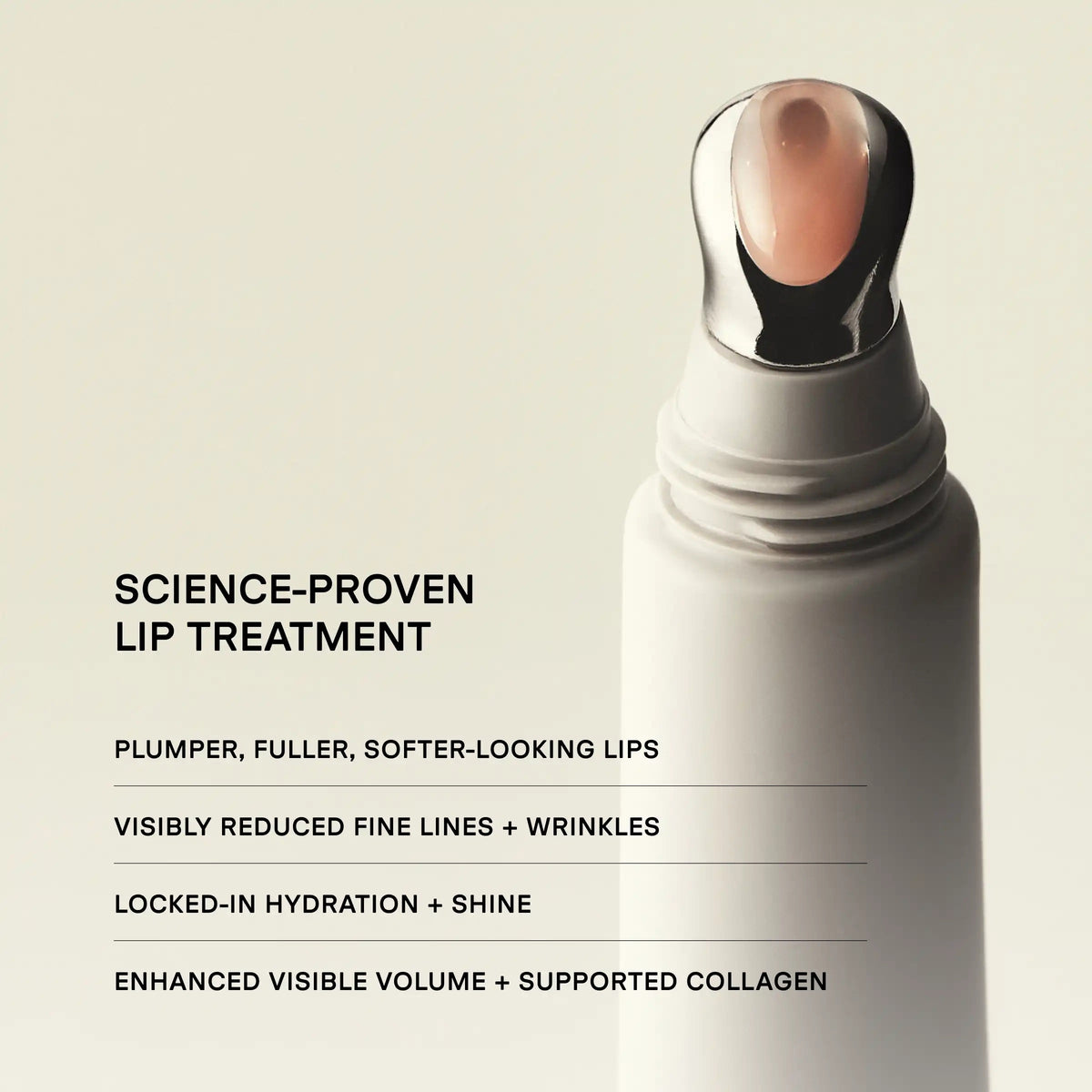 A woman uses U BEAUTY's PLASMA LIP COMPOUND IN TUILLE with a pen-like applicator. Clinical results: 100% see improved hydration, 93% notice fewer lines/wrinkles, and 97% experience fuller-looking lips.