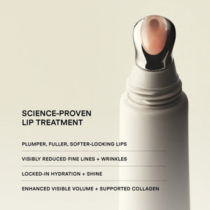 A woman uses U BEAUTY's PLASMA LIP COMPOUND IN TUILLE with a pen-like applicator. Clinical results: 100% see improved hydration, 93% notice fewer lines/wrinkles, and 97% experience fuller-looking lips.