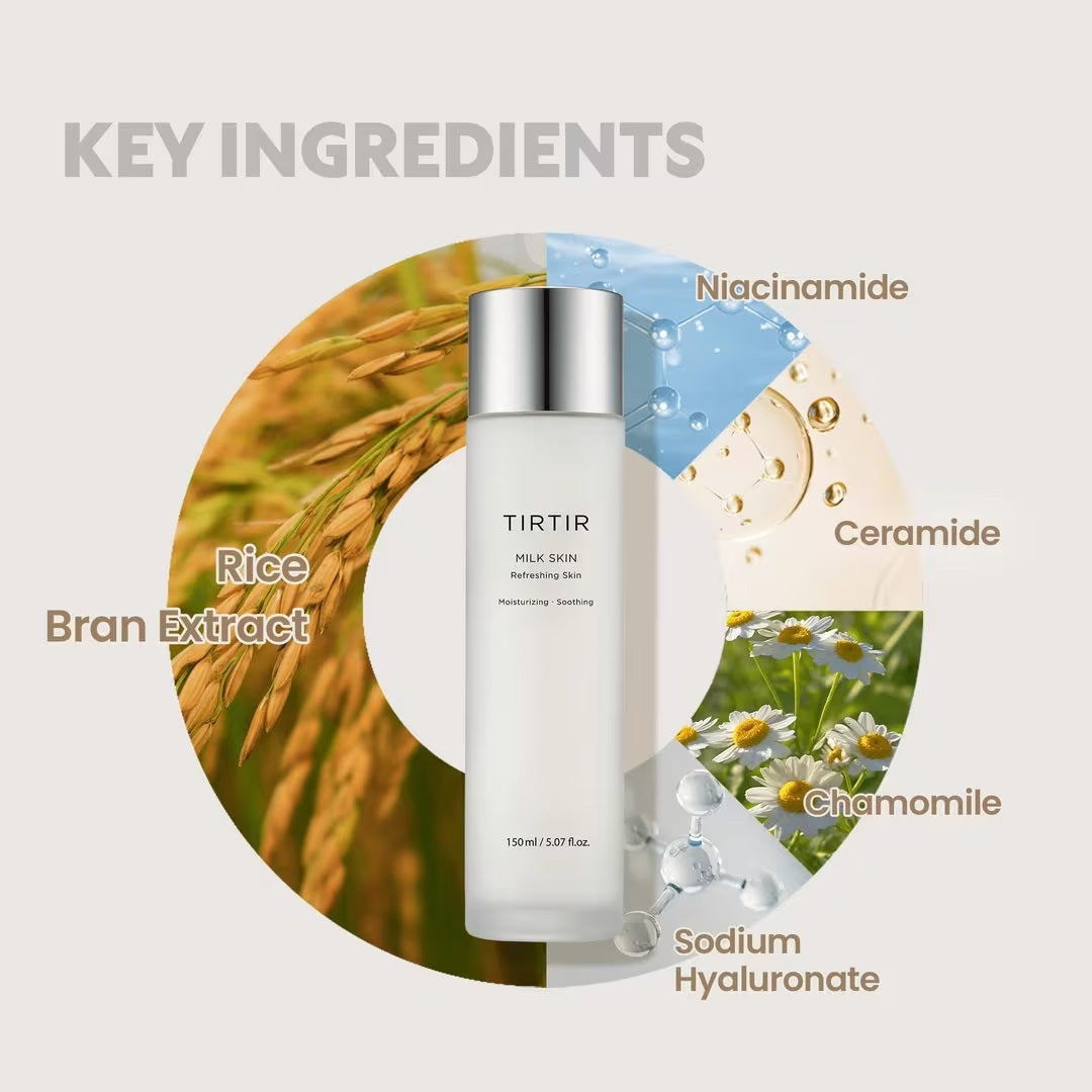 A 50 ml (1.69 fl. oz.) bottle of TIRTIR - MILK SKIN TONER MINI by KOSMIC KBEAUTY SKINCARE features a silver cap and white label with product details. This brightening toner delivers deep hydration for a radiant, glass skin effect.