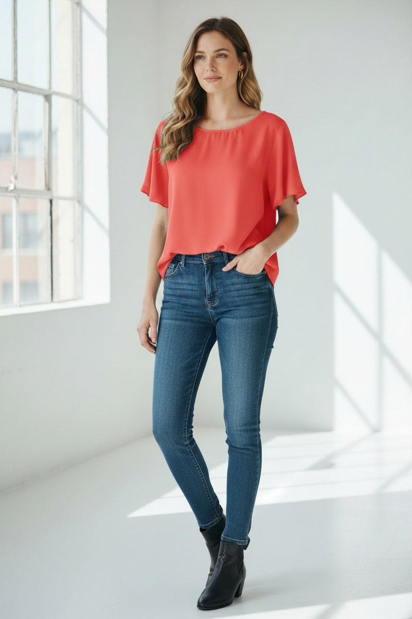 A woman with long, wavy blonde hair models the MEIMEIJ FLUTTER SLEEVE BLOUSE, paired with bold black floral print pants. The refined look is effortless and perfect for washable silk styles, set against a light textured background.