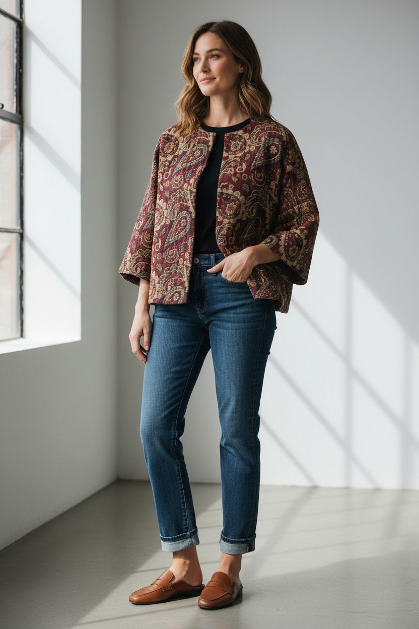 A woman stands against a plain background wearing the MIRTO 1956 Burgundy Paisley Jacquard Jacket—an oversized, cotton-blend piece in rich red and purple tones from MIRTO 1956—styled over a long burgundy dress and black shoes. The relaxed fit of the jacket complements her straight dark hair and neutral expression.