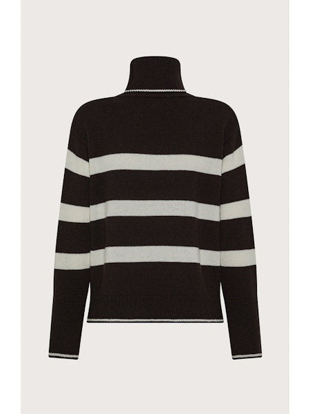 The SEVENTY VENEZIA - BOLD STRIPE TURTLENECK by SEVENTY features wide white stripes on black, long sleeves, and a relaxed fit. This stylish Italian-made sweater is shown on a plain light background.