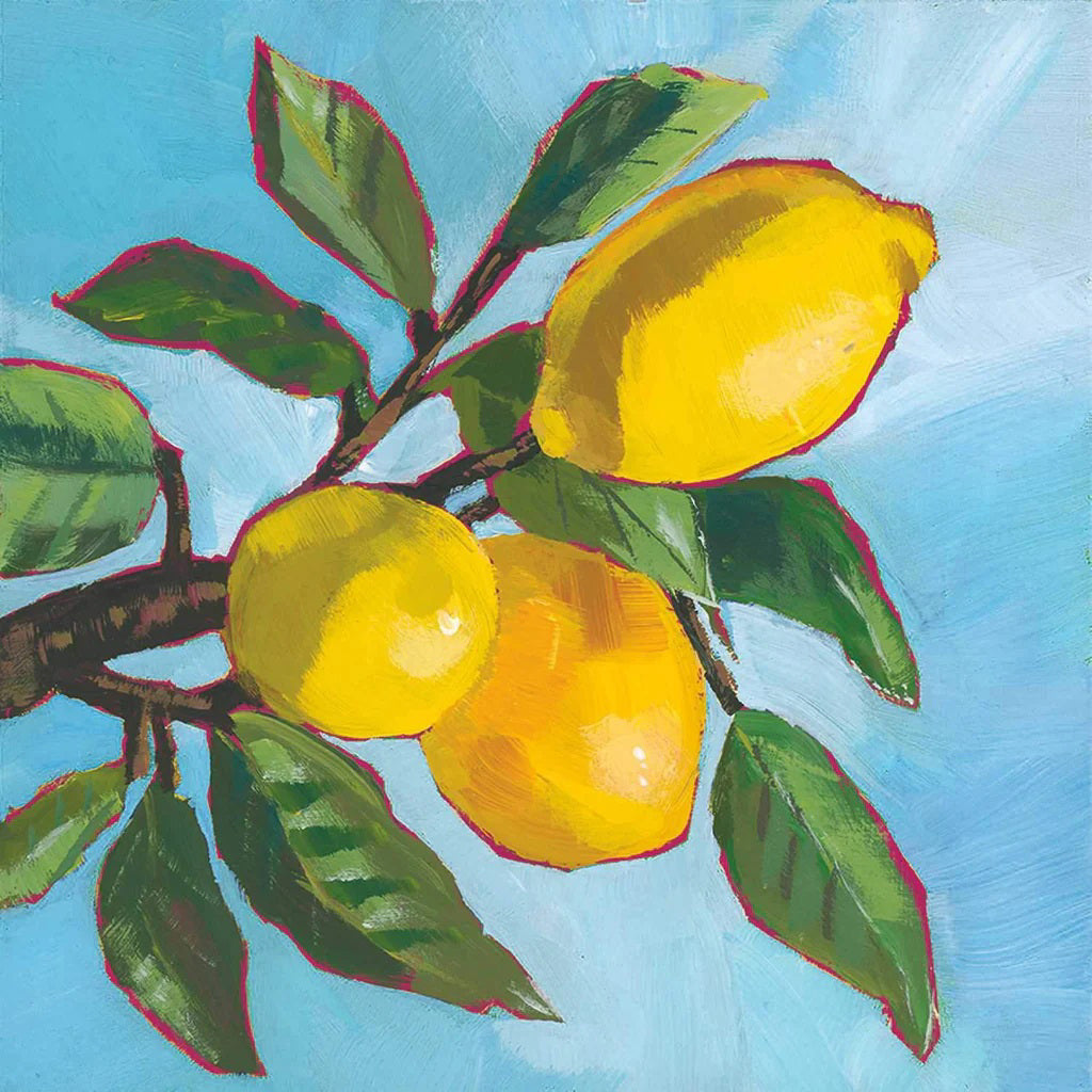 The LEMON MUSEE BEVERAGE NAPKINS by PAPER PRODUCTS DESIGN feature a vivid depiction of three bright yellow lemons and green leaves on a branch set against a blue sky, with textured brush strokes bringing the scene to life.
