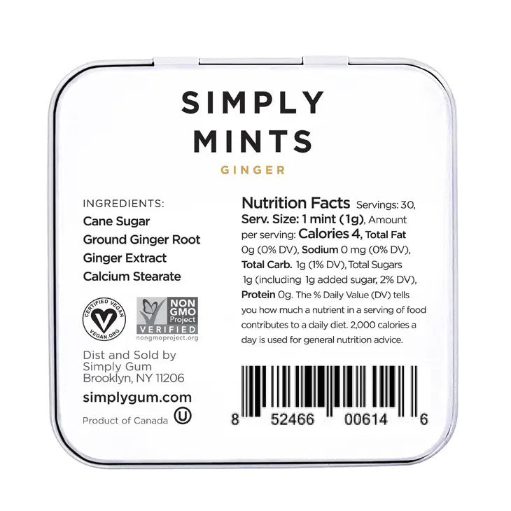 A square metal tin from SIMPLY GUM features a minimalist design with a white background. The words &quot;Simply Mints&quot; are displayed in black, and &quot;Ginger&quot; is highlighted in gold beneath it. Below the text, there’s an image of fresh ginger root, emphasizing its refreshing fall flavor. The tin has a net weight of 1.1 oz (30g).