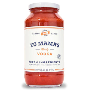 A jar of YO MAMA'S VODKA SAUCE by YO MAMA'S FOODS. The label indicates it's made with fresh ingredients, is all-natural, KETO certified, contains no sugar, and is gluten-free. Handmade in small batches, the jar has a net weight of 25 oz (708g).