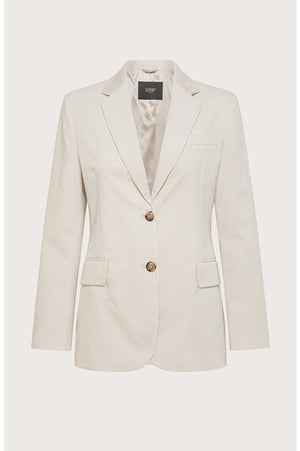 Presenting the SEVENTY - LIGHTWEIGHT VELVET BLAZER by SEVENTY: a cream-colored women's blazer with a tailored fit, meticulously crafted in Italy. This refined piece boasts a notched lapel, two front flap pockets, a chest pocket, and two brown buttons for closure. Its lightweight velvet lining adds smoothness and a hint of shine inside.