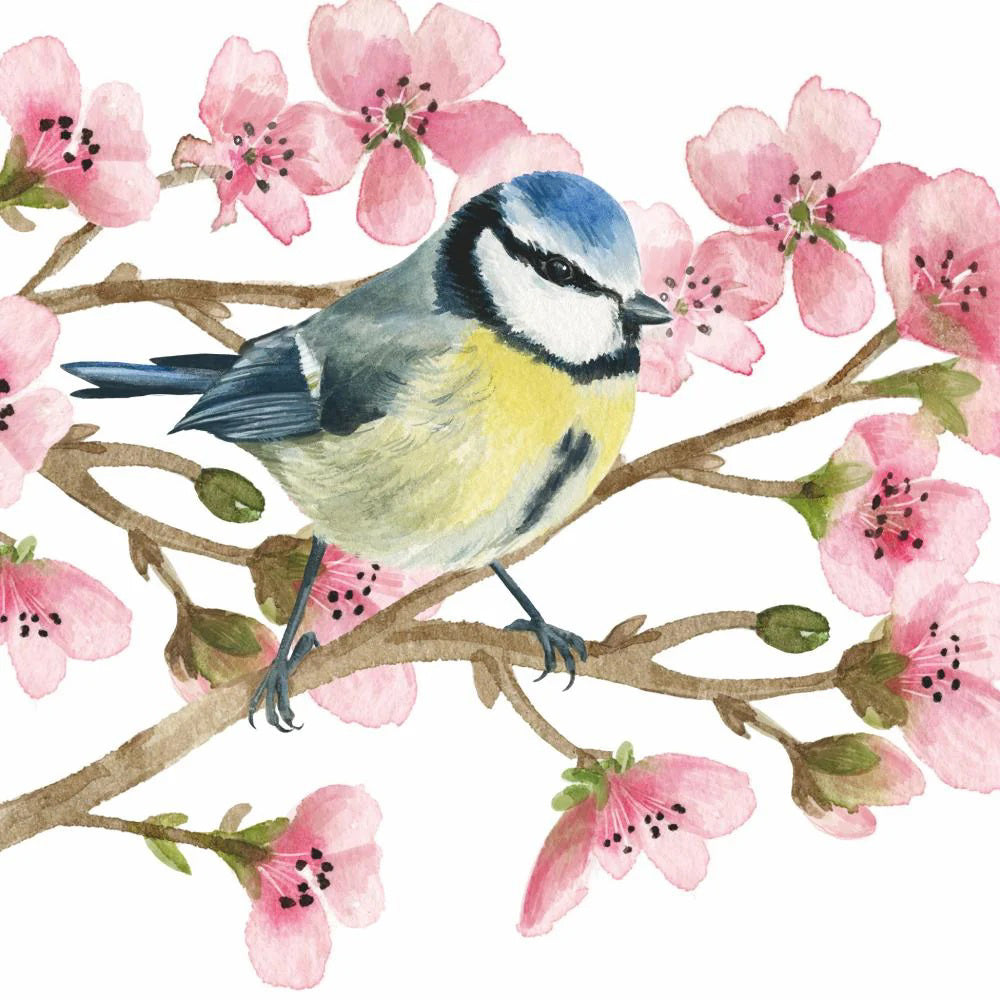 The OISEAU PRINTEMPS BEVERAGE NAPKINS by PAPER PRODUCTS DESIGN feature a vibrant watercolor of a blue and yellow bird on a branch with blooming pink cherry blossoms, all printed on chlorine-free 3-ply paper.