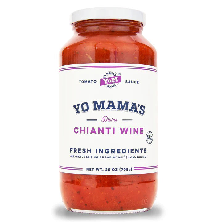 A 25-ounce jar of YO MAMA'S - CHIANTI SAUCE from YO MAMA'S FOODS is displayed. The front label highlights that it is all-natural, contains no added sugar, is low-sodium, and keto certified. The jar brims with a chunky red sauce.