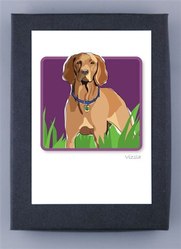 PAPER RUSSELLS - VIZSLA BOX NOTES feature a Vizsla dog illustration with a blue collar, set against green grass and a purple backdrop on an FSC-certified white frame.