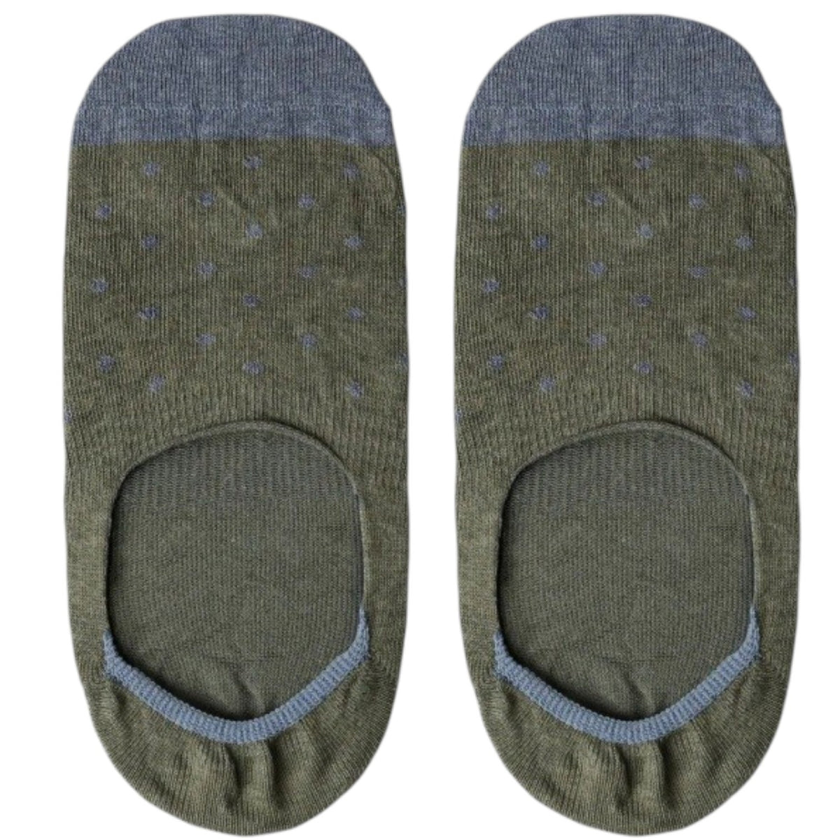 AMANDA CHRISTENSEN’s TRUE DOT INVISIBLE SOCKS IN OLIVE MELANGE are men’s luxury no-show socks crafted from a premium combed cotton blend. Featuring an olive melange hue with subtle grey polka dots and coordinated grey toes, heels, and cuffs, these socks provide refined style and all-day comfort for everyday wear.