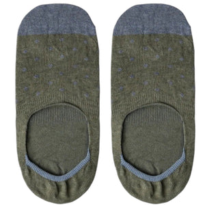 AMANDA CHRISTENSEN’s TRUE DOT INVISIBLE SOCKS IN OLIVE MELANGE are men’s luxury no-show socks crafted from a premium combed cotton blend. Featuring an olive melange hue with subtle grey polka dots and coordinated grey toes, heels, and cuffs, these socks provide refined style and all-day comfort for everyday wear.