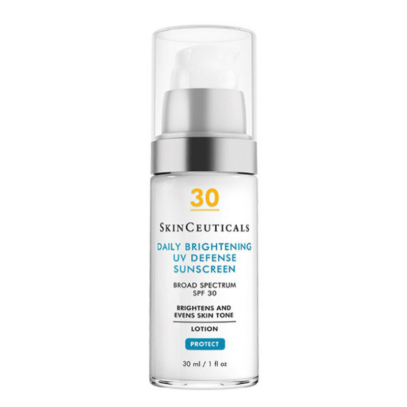 A clear pump bottle of SKINCEUTICALS - CLEAR DAILY SOOTHING SPF30 with white and silver accents, highlighting broad spectrum UVA/UVB protection and gentle, skin-soothing benefits for sensitive skin.