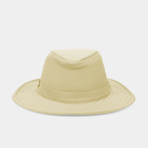 The TILLEY AIRFLO Broad Brim Hat LTM6 in Khaki Olive features mesh ventilation around the crown for outdoor use. Shown on a plain light background, this wide-brimmed sun protection hat is crafted by TILLEY.
