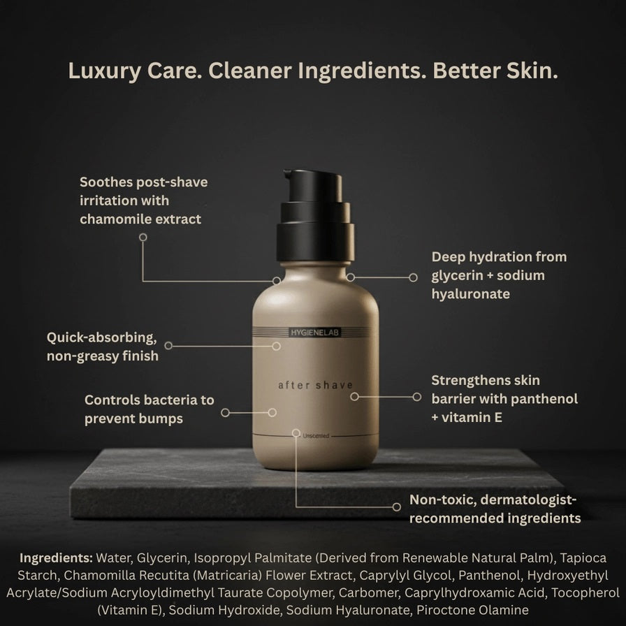 A beige bottle of HYGIENELAB - AFTER SHAVE, UNSCENTED, featuring a black pump dispenser and a label that reads “HYGIENELAB after shave Unscented.” Ideal for soothing skin post-shave, this product is presented against a plain white background.