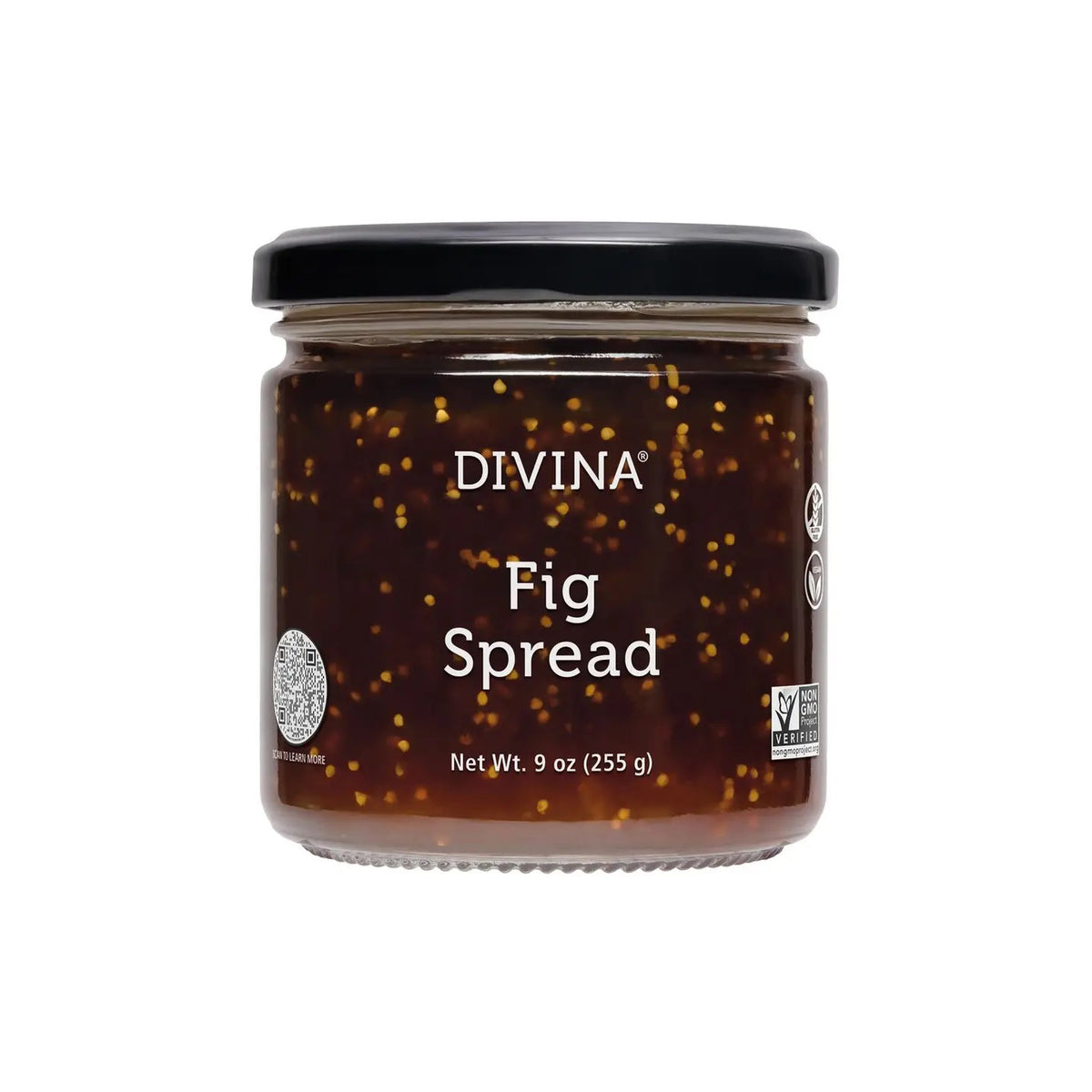 A 9 oz jar of DIVINA Fig Spread features a black lid and transparent packaging that reveals dark fig jam with seeds. The labels highlight its non-GMO and vegan certifications, complementing the Mediterranean spread's rich texture and subtle caramel notes.
