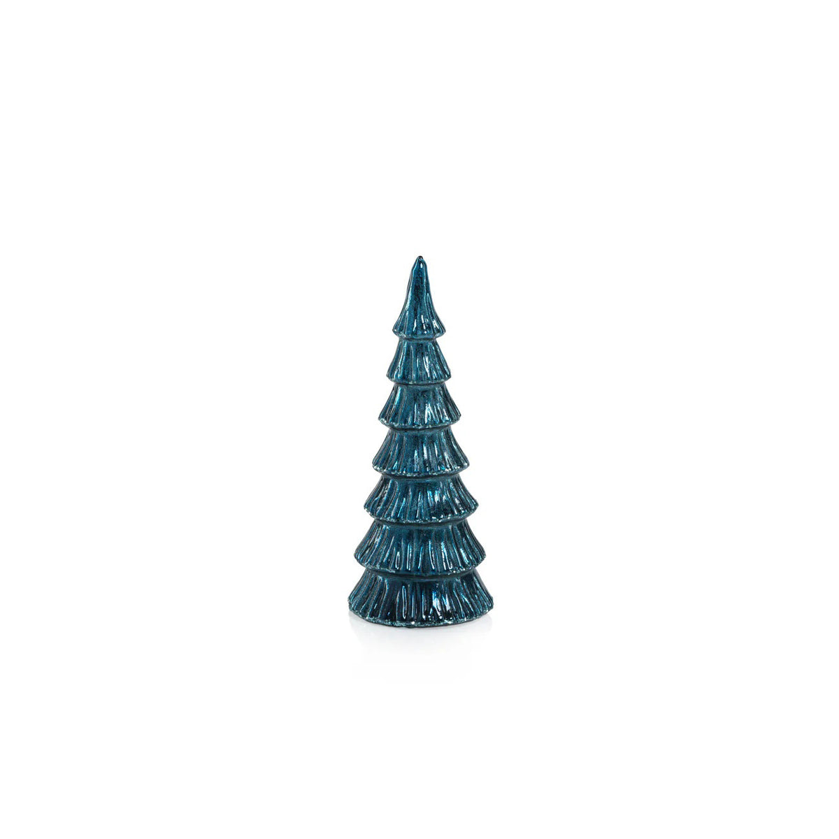The ZODAX VERBIER LED Glass Tree in blue with silver trim, a small and shiny ornament, stands upright on a plain white background and features a built-in LED light.