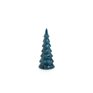 The ZODAX VERBIER LED Glass Tree in blue with silver trim, a small and shiny ornament, stands upright on a plain white background and features a built-in LED light.