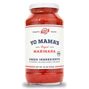A 25 oz (708g) glass jar of YO MAMA'S - ORIGINAL MARINARA SAUCE by YO MAMA'S FOODS with a white label displaying the brand, product details, and "no sugar added." Keto certified sauce is visible through the jar.