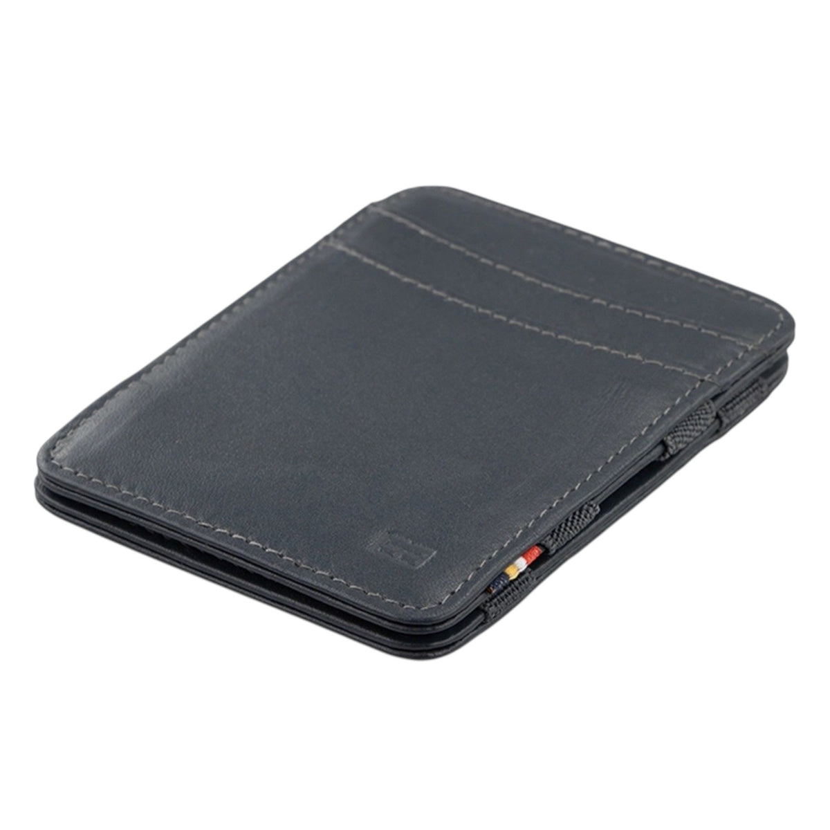 The GARZINI Magic Slim RFID-blocking leather wallet in grey is ultra slim and minimalist, featuring elastic straps to secure cards and cash, top grain leather construction, and a modern design.