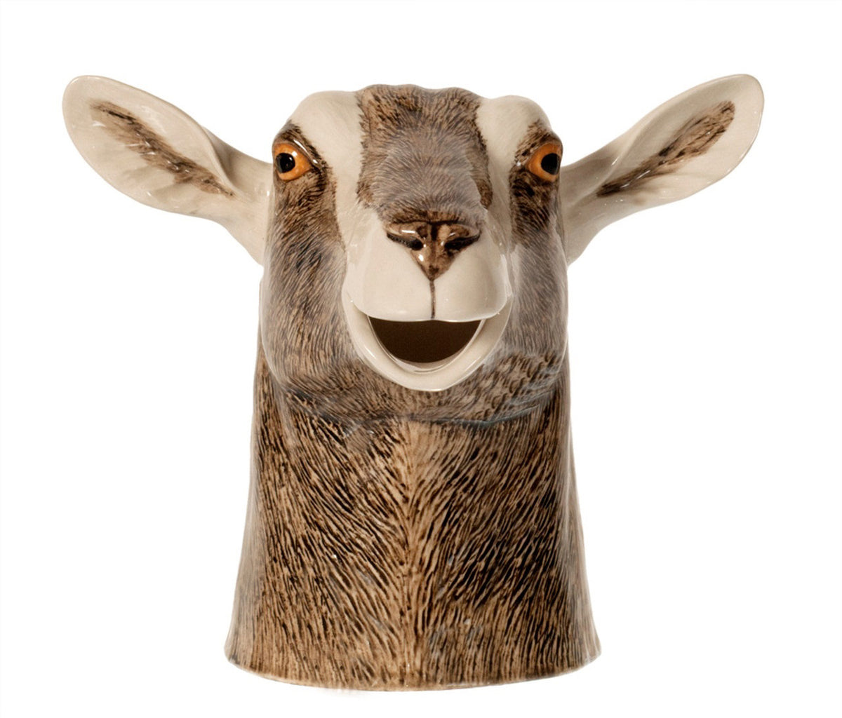 The QUAIL CERAMICS - GOAT JUG MEDIUM by QUAIL DESIGNS is a handpainted stoneware mug shaped like a goat’s head with detailed brown and white fur, upright ears, and a neck-shaped handle inspired by the British Toggenburg Goat jug.